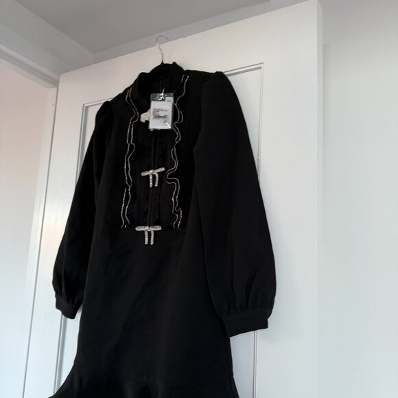 NWT Self-Portrait Ruffled Bib Mini Dress Black Crepe Crystal Trim & Bow Details - Picture 5 of 10